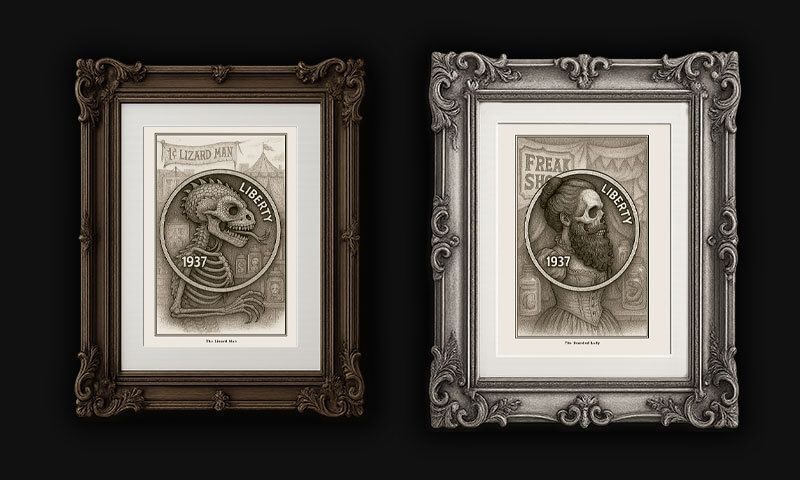 Sideshow & Oddities Prints:

Bent beauty and sacred strangeness, etched forever on the Buffalo Nickel.